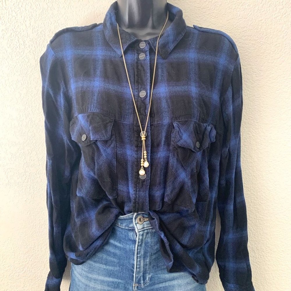 Plaid Fall Top Women's M Blue & Black Snap Front Sanctuary Anthropologie Blouse